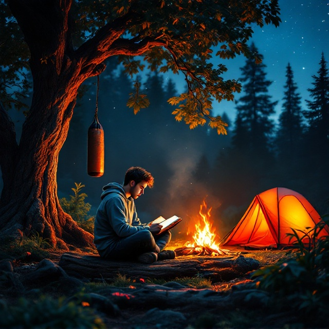The cover captures a peaceful yet inspiring jungle clearing under a luminous, star-drenched sky. On the left, a large tree features a faded, weathered punching bag swaying slightly in the imagined breeze. The centerpiece is a young man seated cross-legged on a rugged log at the heart of the clearing, wearing a gray hoodie. He is engrossed in an open book as the warm glow of a bonfire dances on his focused face and the immediate surrounding area. To the right, a vibrant orange camping tent is pitched near the darker outline of the forest, providing a stark, hopeful splash of color. The celestial light merges seamlessly with the fire's glow to create a harmonized balance of tranquility and strength.