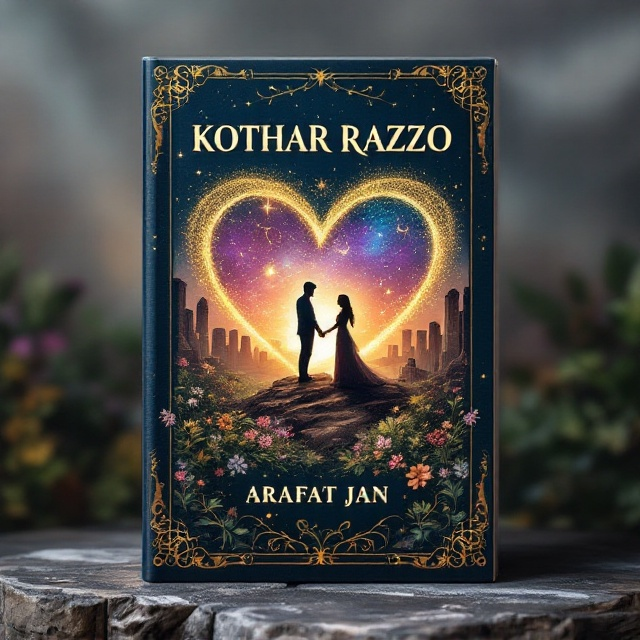 A painted scene in dreamy, soft brushstrokes. The center of the cover features a silhouette of two lovers holding hands against the backdrop of ancient ruins, signifying "history." In the sky above them, metallic gold and purple hues form constellations representing "science." The ground below them blossoms with lush greenery and vibrant flowers, symbolizing "nature." A faint, glowing heart shape envelops the lovers, emphasizing "love." Over the navy-blue background, subtle golden accents and swirling designs create an air of exclusivity and sophistication.
