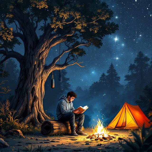 The cover features a breathtaking illustration of a jungle clearing under a star-drenched celestial sky. The stars are painted in luminous, soft strokes, with faint constellations adding depth. To the left, a massive tree rises from the ground, its thick, weathered trunk supporting a tattered, faded punching bag swaying as though caught in a subtle breeze. At the heart of the scene, a rugged wooden log serves as a simple seat for a young man clad in a gray hoodie, his figure emanating quiet resilience. He is deeply engrossed in an open book, his face softly illuminated by the warm, flickering glow of a well-built bonfire. The fire’s embers sprinkle the shadowed clearing with small, flicking sparks as they fade into the night sky. On the right, a vibrant orange camping tent stands in sharp contrast to the darker forest edges, its brightness like a beacon of hope in the night.