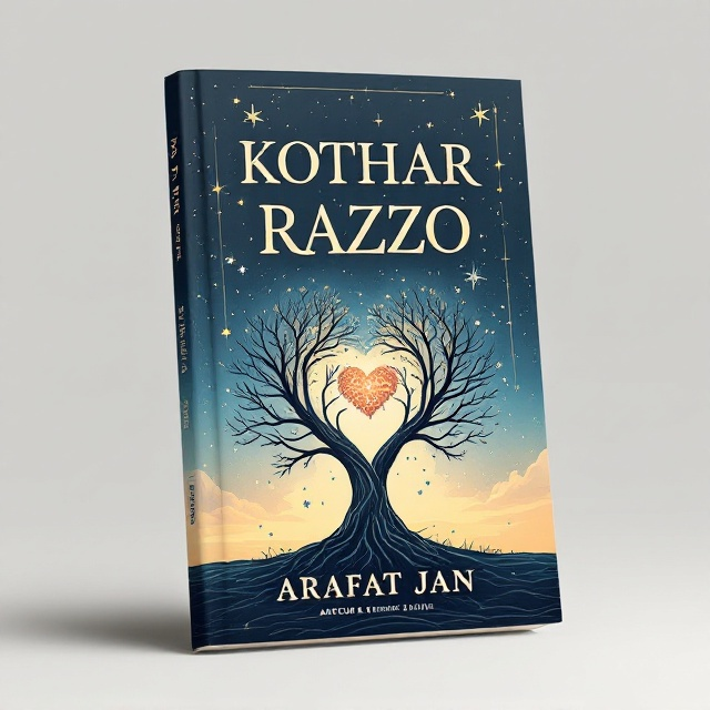 A hand-drawn illustration of two intertwining trees with their roots and branches fused together, forming the shape of a heart in the center. The background features a serene, twilight sky in soft gradients of navy blue and muted cream tones, emphasizing a deep sense of connection to nature. Small, scattered stars and subtle scientific diagrams (such as atom or DNA sketches) are integrated into the negative space, blending themes of science and emotion.