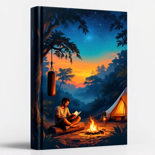 Beneath a vivid night sky grading from twilight orange at the top to deep starlit indigo at the lower portion, a lush jungle clearing dominates the scene. On the left, a rugged tree trunk supports a subtly swaying punching bag, its shadow faintly visible. At center focus, a man with an air of quiet determination sits cross-legged on a log, engrossed in reading a book. The warm hues of a small campfire cast flickers of light, with a pot suspended over the flames mid-simmer. To the right, a dome-shaped tent, softly illuminated by a glowing interior lantern, suggests quiet comfort. The surrounding jungle is alive with suggestion but remains tranquil.