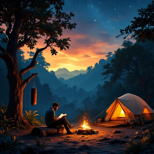 Beneath a vibrantly colored night sky transitioning from a deep, golden-orange twilight at the top to a vast, starlit indigo at the bottom, the scene features a jungle clearing. On the left side stands a rugged tree trunk with a punching bag subtly swaying, its details gently defined by shadows. At the center, a man sits on a weathered log near a small crackling campfire, absorbed in reading a book. Warm, golden tones from the fire light delicately highlight his face and the surrounding area. To the right of the clearing, a dome-shaped tent softly glows from an interior lantern, creating a welcoming presence amidst the lush, shadowy jungle foliage visible in the periphery.