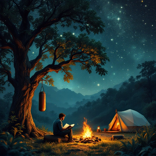 Under a vast, glittering canopy of stars, a richly textured jungle scene unfolds in shades of green and brown. A towering tree occupies the left-hand side of the composition, with a punching bag hanging from a sturdy branch. The bag gently tilts to suggest a passing breeze. The central focus is a man sitting on a worn log beside a small fire, the warmth of the flames casting a gentle glow on his face as he reads an open book. On the far right, a dome-shaped tent stands under the starry sky, a soft yellow light glowing from within the lantern inside.