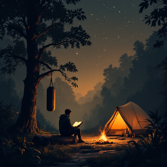 Under a starlit sky, the design features a dense jungle scene dominated by muted and earthy tones (dark greens, rich browns, and subtle grays). A tall tree stands on the left, its lower branches holding a well-worn punching bag that slightly sways to the left. In the center, a fit and silhouetted man wearing a hoodie sits on a wooden log close to a glowing campfire, the firelight subtly illuminating the open book in his hands. On the right, a dome-shaped tent with a glowing lantern inside emits a warm, inviting light, casting soft shadows onto the surrounding foliage. The distant stars provide an ethereal look above.