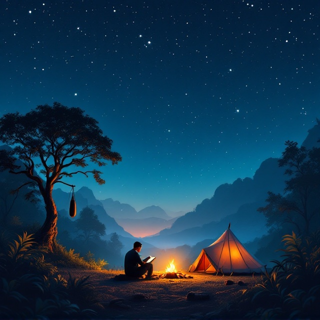 Under a vast, starlit sky with a gradient from rich navy blue at the top to a deep black at the horizon, a tranquil jungle setting dominates the cover. On the left, a towering tree with a punching bag gently swaying infuses the sense of motion. At the center, a man sits deeply focused, reading by the glow of a small campfire. A soft halo of light encases him, emphasizing his solitude and determination. On the right, a dome-shaped tent stands with a lantern casting a gentle, warm yellow light that contrasts the night’s cool tones. The foreground is rich in subtle textures of leafy shrubs and logs to give depth, while the stars shimmer softly above.