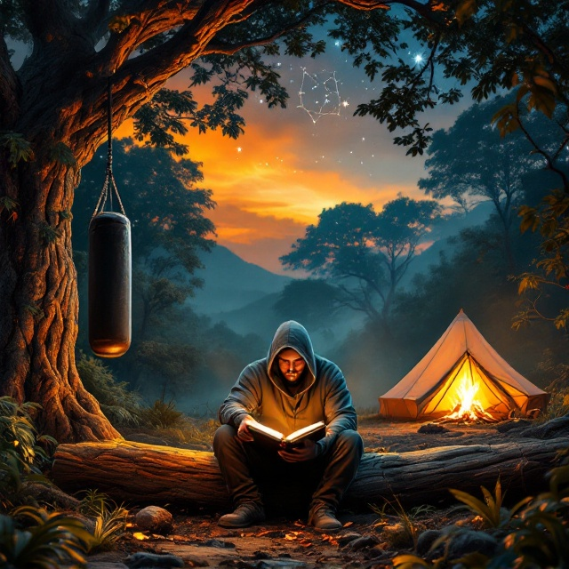 Beneath a brilliantly transitioning night sky—shifting from warm twilight orange on the upper left to deep starlit indigo on the top right—lies a tranquil jungle clearing illuminated by warm firelight. On the left side of the cover, a sturdy tree trunk with visible bark texture holds a well-worn punching bag, swinging slightly as though just used. Centered in the foreground, a strong, hooded man sits with focus on a chunky book, legs crossed on a weathered log. His face is serene but radiates determination. A small bonfire at his feet casts flickering, dancing highlights on his hoodie and surroundings. Further in the background to the right, below lush foliage, sits a dome-shaped tent with soft amber light shining through its thin fabric, suggesting comfort and rest within. The jungle brushes recede into a mysterious haze towards the edges, giving the scene depth. The title appears in the upper quarter of the cover, framed subtly within a star constellation formation.