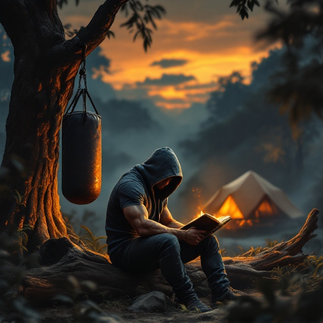A warm jungle atmosphere is depicted under a transforming night sky that shifts from twilight orange on the top left corner to starlit indigo on the top right. In the foreground, a muscular, hooded man sits on a weathered wooden log, illuminated by the soft glow of a bonfire. His face is shadowed by his hood, but his focus on an open book suggests intensity and purpose. On the left side of the cover, a thick tree trunk hosts a slightly swaying, worn punching bag. To the right, a dome-shaped tent emits a soft amber glow, adding balance to the composition. In the background, the jungle deepens into shadow and mist, evoking a sense of mystery.