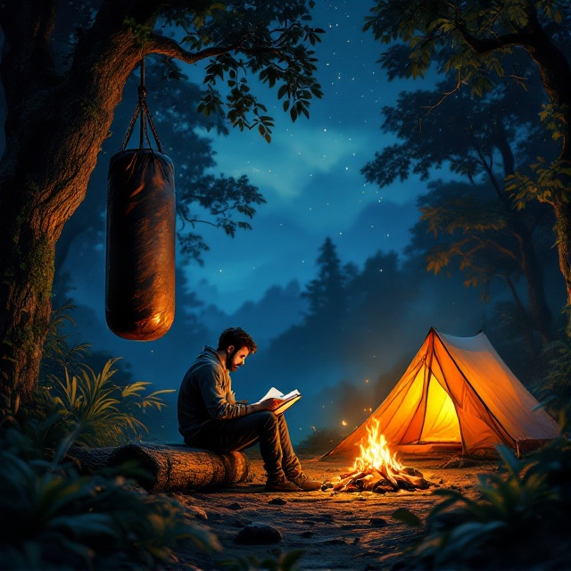 A lush, moody jungle scene spreads across the cover, with soft gradients of dark blue and black illustrating the star-filled sky. On the left, a sturdy punching bag hangs prominently, swaying slightly from a low-hanging, thick branch. Its texture looks weathered, adding a sense of resilience. At the center of the artwork, a man with a focused expression sits on a rustic log, the firelight casting warm shadows on his contemplative face as he reads a book. The bonfire itself glows bright orange with flickers of yellow, subtly illuminating the surroundings. To the right, the camping tent is portrayed as a small, inviting sanctuary, glowing faintly as the fire reflects on its surface. The entire composition seamlessly blends realism with a touch of magical surrealism to capture the themes of resilience and discipline.