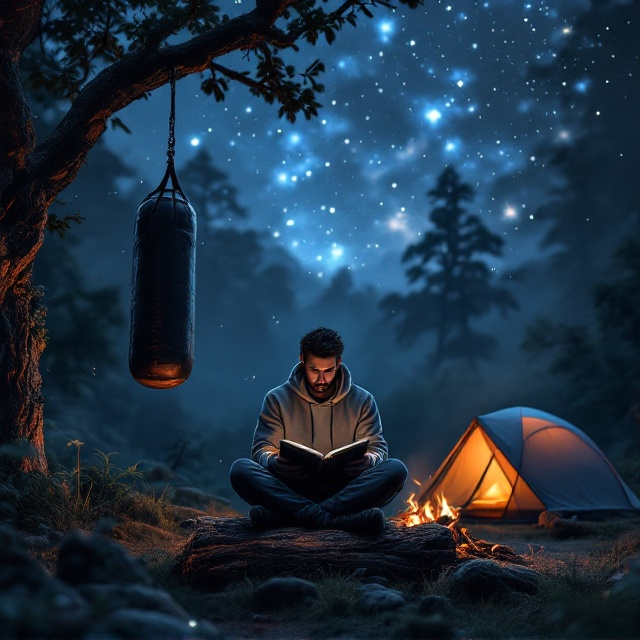 Under a sprawling, starlit sky that transitions from deep blue to soft black, a lush jungle sets the stage. A punching bag hangs prominently on the left, suspended from a thick branch, exuding a sense of steadfast determination. Central to the composition, a fit man in a hoodie sits cross-legged on a rugged log, his face softly illuminated by the warm, orange glow from a crackling bonfire. In his hands is an open book, a look of deep focus on his silhouette. To the right, nestled just outside the firelight, a dome-shaped camping tent shimmers elegantly, its shadowed fabric brushed by the minimal light from the flames. The scene feels atmospheric, driven by quiet resilience and personal strength.