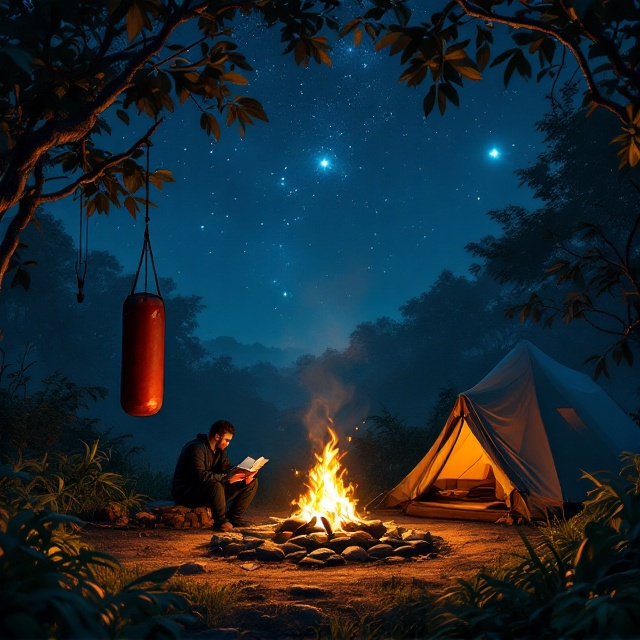 Under a vast, serene starlit sky seamlessly blending deep blue with black, the quiet tension of the jungle is subtly unsettling. On the left, a punching bag hangs, its rust-red surface illuminated faintly by the fire, swaying slightly as though moved by an unseen force. At the center, a man, dressed in shadowy attire, sits focused on a book, the golden tendrils of firelight casting flickering shapes onto his face. The bonfire crackles within a circle of stones, its amber glow highlighting overgrown grass and roots. To the right, the camping tent, domed and mysterious, reflects delicate streaks of firelight, but its entrance appears unzipped, revealing faint shadows inside—hinting at something unknown within. Leaves and branches along the edges of the cover frame the scene, adding depth and a creeping sense of claustrophobia.
