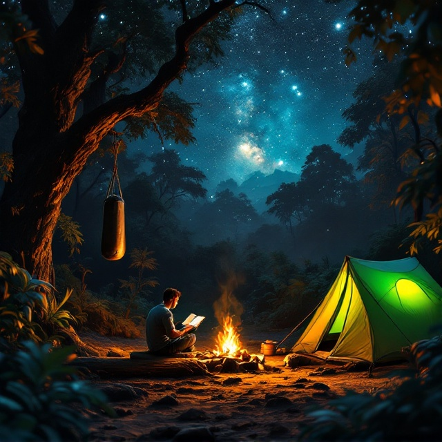 Under a luminous, star-studded night sky, the jungle is dense yet inviting, painted with darker, earthy tones. To the left, a punching bag sways gently, hung from the thick branch of an ancient tree, its shadow merging with the deep greens of the jungle. At the center, a warm campfire casts its glowing light on a man sitting cross-legged on a log, intently reading a book. On the right, a bright, vibrant green tent stands out, its sheen glowing softly under the celestial canopy. The ground is layered in textured browns, highlighted by stray leaves and branches.