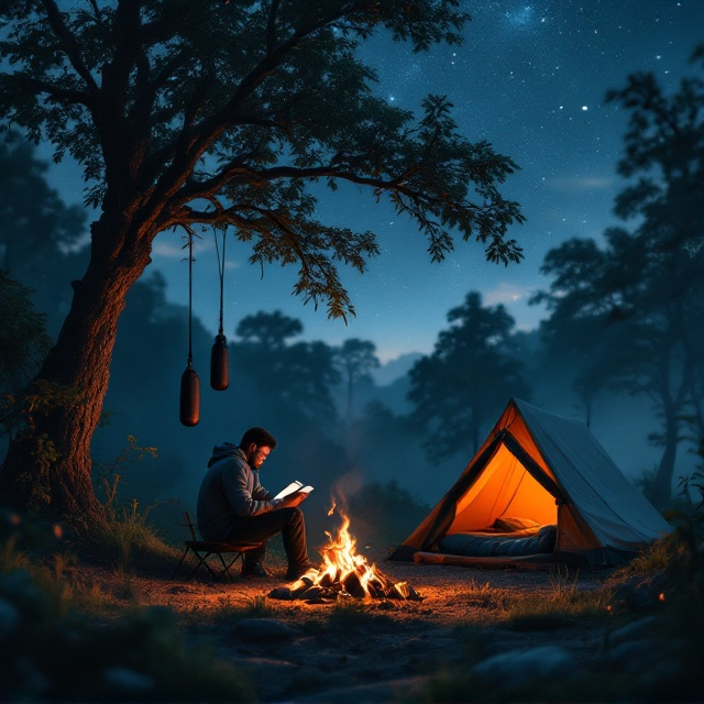 The cover features the scene under a vast, star-strewn jungle sky. On the left, the silhouette of a punching bag sways faintly from a sturdy tree branch, nestled amidst dark-green foliage. The center foreground highlights a lone campfire with orange and red embers glowing faintly, surrounded by small tufts of grass. Seated nearby is a man wearing a grey hoodie, his muscular frame illuminated by the warm firelight. He’s engrossed in reading a book, his face partially shadowed by the hoodie’s edge. On the right, a snug tent with a partially open entrance reveals a glimpse of a meticulously laid-out sleeping bag. The jungle backdrop is subtly blurred, bringing focus to the man and the immediate foreground.