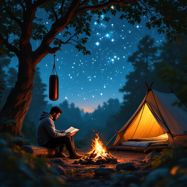 The cover showcases an expansive star-filled jungle sky as the background, subtle in its brightness to evoke a sense of serenity and discipline. On the left side, a shadowed punching bag hangs from a sturdy tree branch enveloped by dark-green foliage, gently swaying with implied movement. Dominating the foreground is a glowing campfire with orange and red embers, creating a warm focal point. A muscular man in a grey hoodie sits on a wooden log to the left of the fire, his posture disciplined as he reads a book, the firelight casting subtle highlights on his figure. On the right-hand side, a snugly pitched tent with an open entrance reveals a perfectly arranged sleeping bag, symbolizing order in the wilderness. The jungle trees and plants remain blurred but provide depth to the composition.