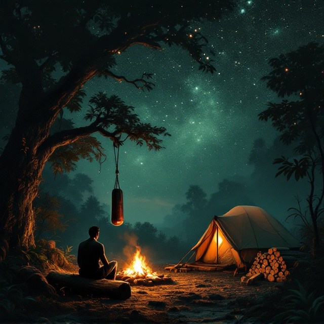 Under a vast star-filled sky spilling across the top two-thirds of the cover, the jungle's silhouette is subtly textured with hints of vines, leaves, and shadows. On the left, a punching bag, weathered and rugged, hangs from a strong tree branch. In the foreground, a man with his back to the viewer is sitting on a wooden log, illuminated by the soft, warm glow of a crackling campfire in the middle ground. To the right, the domed tent radiates a faint, comforting light, with its edges blending seamlessly into a stack of neatly arranged firewood. Everything is cast in mysterious shades of green, gold, and deep blue.