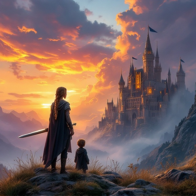 A young girl with long, braided hair stands poised with a gleaming sword in her hand. She’s dressed in a practical yet elegant adventurer's outfit. Beside her, a boy in a dark cloak stands slightly behind her, gazing intently at the scene ahead. The two stand on a rugged hill covered in patches of grass, moss, and stones. In the distance, under a dramatic sky with streaks of fiery orange and deep purple (like a sunset or a storm brewing), two castles rise on each side of the horizon. One castle is grand and luminous with high spires and golden banners—it exudes light and hope. The other is shadowy with jagged spires, its dark flags tattered in the wind, suggesting despair or villainy.