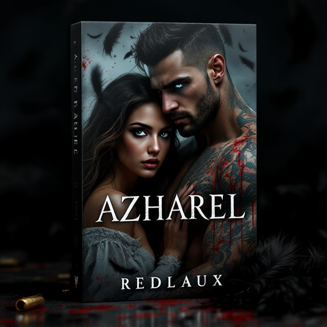 The cover showcases a dark, stormy atmospheric backdrop with ominous black feathers cascading from the sky. The central image displays the woman leaning against the man, their silhouettes cloaked in shadow, her expressive brown eyes filled with both fear and trust. The man’s mismatched eyes, one blue and one black, are illuminated faintly, giving a hypnotic aura. His muscular form, laced with scars and tattoos, shields her protectively. Blood splatters subtly accentuate parts of the lower cover, and faint bullet impacts scatter across the scene. A single black feather drenched in blood lies at the foreground to represent the depth and darkness of their connection. The touch of deep red lighting on their tattoos adds an elegant yet sinister vibe.