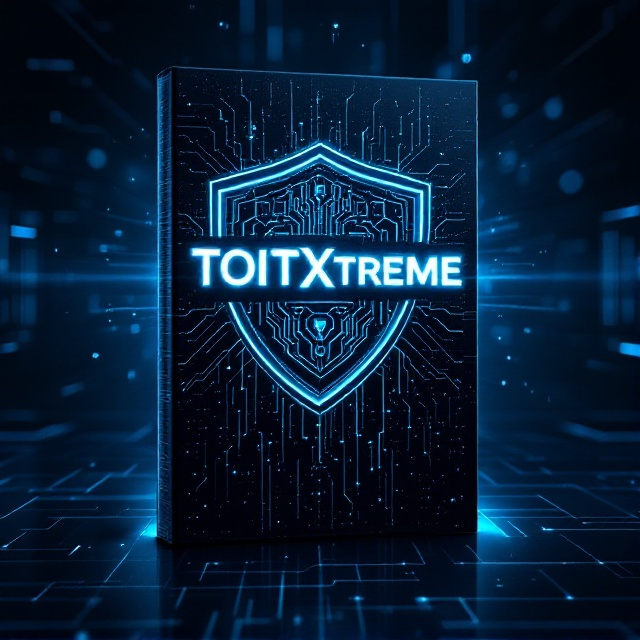 A sleek, dark-toned background with an abstract matrix-like digital grid overlay in neon blue and silvery white hues. At the center, a symbolic monolithic shield with intricate circuit designs, giving a cyber-tech and security vibe. Radiating light effects subtly emerge from the center, contributing to a futuristic and enterprise-style theme.