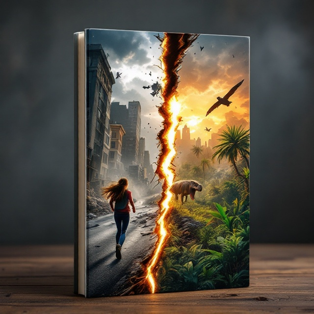 The book cover is split into two dynamic halves by a jagged crack running diagonally across the center. On the left side, a modern urban scene is depicted with a teenage girl in the foreground. She's shown sprinting amidst an intense earthquake—falling buildings, cracked asphalt, and debris fill the chaotic background. The sky is ominous in dark gray tones with swirling dust. On the right side, prehistoric life takes over lush, vibrant greens of primeval jungles, massive dinosaurs like a roaring Tyrannosaurus and a soaring Pteranodon, with strange, majestic plants glowing under a golden-hued sky. The two halves transition seamlessly into one another, creating the feeling of two timelines colliding.