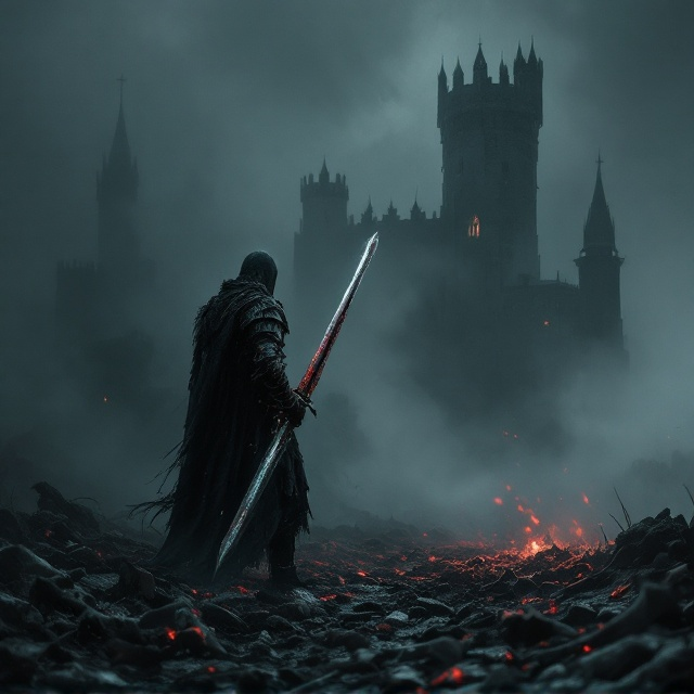 A dark and eerie castle sits in the background, mostly shrouded in fog and shadow. A solitary, bloodied warrior clad in worn armor stands in the foreground, gripping a terrifyingly long, menacing sword. The warrior is slightly hunched as if weary, illuminated faintly by a pale, ghostly light emanating from the sword itself. The foreground is littered with fragments of bones and forgotten battle remnants. The whole image is washed in muted tones of deep grays, blacks, and sparse crimson highlights, giving an aged, foreboding feel.