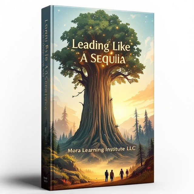 A stunning illustration of a towering sequoia tree stretching skyward, its grandeur emphasized with deep greens and browns set against a soft gradient sky that transitions from sunrise oranges to pale blues. Below the tree, a small cluster of people stands in awe, gazing upward with a sense of inspiration and amazement. Wisps of light filter through the branches, symbolizing enlightenment and growth.