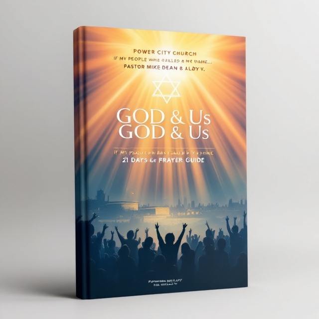 The foreground features a congregation of worshippers depicted in silhouette, standing with hands lifted or joined in prayer, centered at the bottom of the cover. Above them, warm, glowing rays of amber light radiate outwards, symbolizing the divine presence of God. A faint outline of the Temple Mount, the Western Wall, and the city of Jerusalem softly emerges in the distant background, interwoven elegantly in deep blue tones. Within the radiant light above, a translucent Star of David frames the scene, subtly blending into the glow. At the top, the scripture “If My people who are called by My name…” (2 Chronicles 714) is inscribed in English and Hebrew in a textured white font, flowing artistically within the light beams.