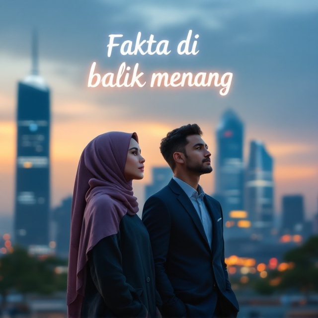 A modern city skyline with tall, sleek buildings dominates the background, gently illuminated in hues of soft blue and warm orange that suggest a mix of hope and contemplation. In the foreground, a woman in a beautifully detailed hijab sar'i is standing toward the left, looking reflective yet determined. Beside her stands a man in a sharp CEO-style suit, exuding confidence, yet his expression is subtly conflicted. The lighting softly pulls focus on the duo, blending their emotional undertones with the environment.