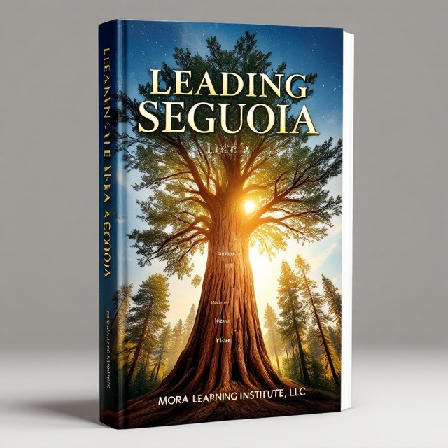 A towering Sequoia tree is the focal point of the cover, rising confidently from the bottom center of the design. The tree is illuminated by golden sunlight streaming through its branches, symbolizing growth, strength, and resilience. In the background, a gradient sky transitions from a rich blue at the top to a warm amber at the bottom. The tree trunk displays subtle engravings resembling leadership qualities, such as "Integrity" and "Vision," etched seamlessly into the bark.