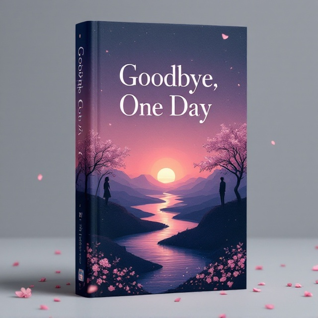 A faded, sunset gradient transitions from deep purples and navy blues at the top to soft oranges and pinks at the bottom. Silhouettes of a woman and a man stand on opposite sides of the cover, separated by a narrow, winding river that reflects the colors of the sky. In the center of the cover, where the river narrows into the horizon, there is a subtle outline of a setting sun. Blossoming petals from a cherry blossom tree drift into the air in the foreground, adding a sense of nostalgia and bittersweet beauty.