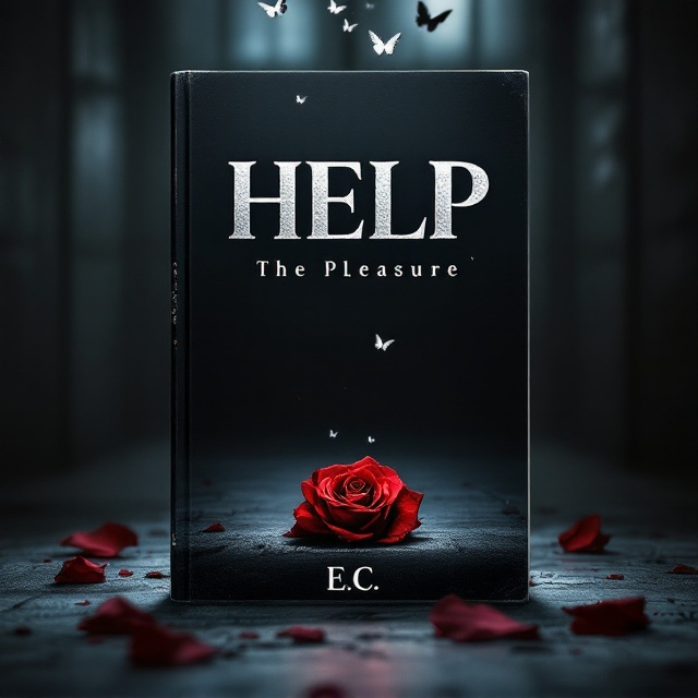 A dark, dimly lit room with blurred edges to enhance mystery. In the center of the cover, a single, partially wilted wine-colored rose rests on the ground, with its petals scattering delicately. Above the rose, small silver butterflies seem to emerge and flutter upward, glimmering faintly. The overall background is composed of textured gradients transitioning from rich black to burgundy, giving it a prison-esque, enclosed atmosphere without any visible bars. A faint spotlight shines on the rose, creating a sense of isolation and imprisonment.