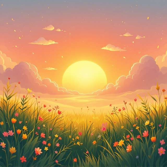 The cover features an illustrated scene of a serene padang rumput (grassy field) under a glowing senja (sunset) sky. The warm colors of the sky blend seamlessly into scattered, soft clouds. In the center, playful floating abjad (alphabet letters) appear whimsical, as if they are gently carried by a breeze over the field. A radiant, cheerful sun peeks out from behind the clouds, adding a sense of warmth and happiness. The aesthetic is detailed and imaginative, appealing directly to young readers.