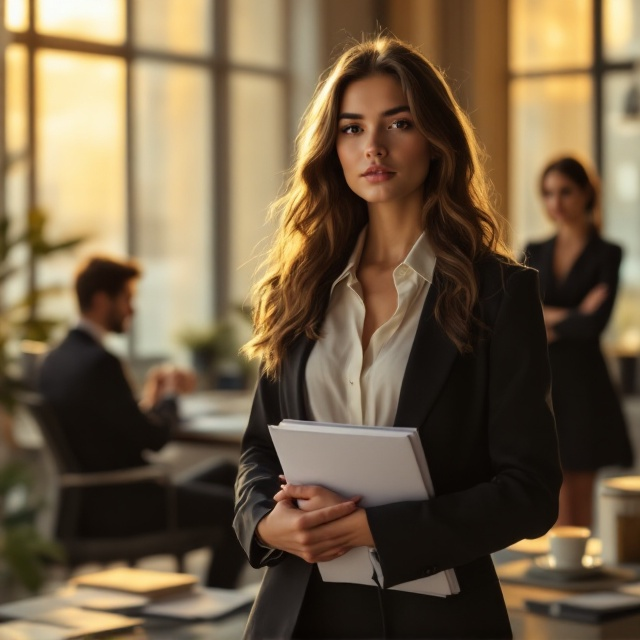 The foreground showcases a young woman with long, wavy hair, wearing a sleek yet feminine blouse and blazer. She stands confidently, holding a neat stack of papers close to her chest. Behind her and slightly blurred, the charming man sits at an elegant, minimalist desk, his head turned slightly toward her, as though lost in thought. In the shadowed corner of the office, near a filing cabinet, stands a stern, gorgeous woman with arms crossed, her expression cold and calculating. The backdrop features floor-to-ceiling office windows, suffused with a golden hue as sunlight streams in, casting a dreamy glow across the room. Subtle details such as a small potted plant, a coffee cup, and scattered documents create a modern, relatable ambiance.