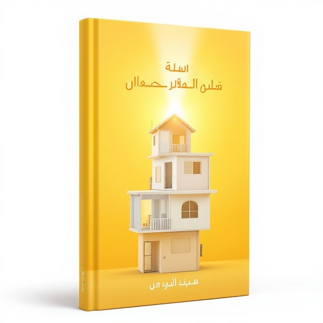 The cover portrays three rooms stacked vertically, each slightly tilted to convey an attempt at fragile stability. The rooms are minimalist, with soft shades of white and cream to balance the dominant yellow background. The background is a gradient of harmonious yellows, symbolizing hope and self-development, transitioning to a radiant white at the top. The title is prominently displayed in Arabic atop the middle room, while a symbolic ray of light filters through the topmost room, emphasizing serenity and personal growth.