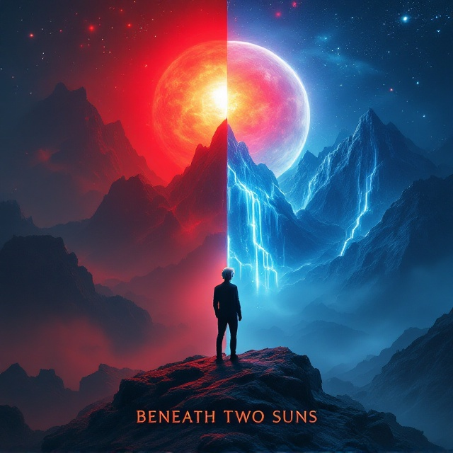 Two symmetrical halves dominate the cover, sharply divided at the center by a diagonal line. On the left, a dim red hue permeates a misty, ethereal forest that fades into darkness, with a red dwarf sun barely glowing in the hazy sky. A young man with silver hair stands stoically in this half, his figure partially silhouetted against the muted light. On the right, vibrant shades of blue and white paint a brilliant celestial scene, with gleaming rivers of light streaking through the air. A second identical young man stands here, illuminated by the radiant blue sun. The background shifts continuously in both halves, blending fantastical mountains and abstract shapes using whimsical negative space that interlocks seamlessly.