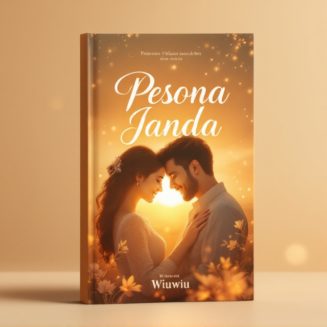 A warm-toned illustration featuring a close-up of a couple embracing against the backdrop of a golden sunset. The couple is smiling softly, conveying happiness and love. Soft bokeh lights frame the edges, adding a dreamy and romantic feel, with a faint silhouette of flowers in the background.