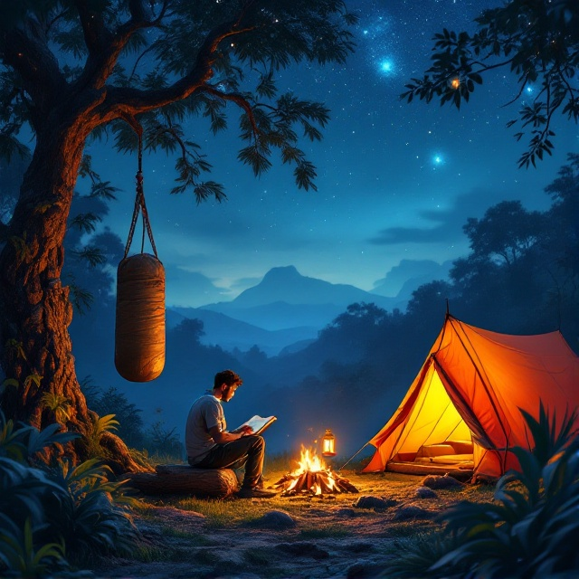 Under a glittering starry night, the lush jungle is depicted in deep green hues with soft shadows and highlights. The punching bag, wrapped in weathered fabric, hangs solemnly from a sturdy tree on the left. At the center, the warm, amber glow of a bonfire illuminates a solitary man, seated on a rustic log, focused on an open book. To the right, a vibrant tent in shades of orange and red stands with its flap open, revealing a lantern casting an inviting, golden light. The jungle foliage frames the scene, and soft gradients create depth, blending into the starry sky above.