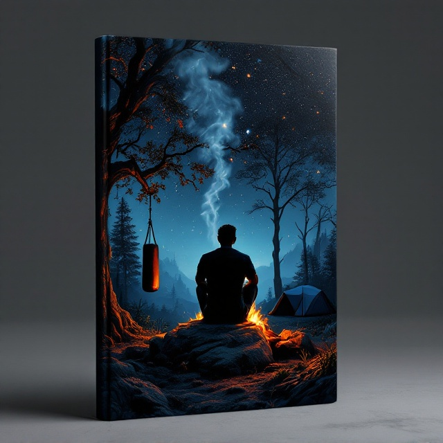 In the center of the cover, the man is depicted seated on a smooth rock, his figure silhouetted against the warm glow of a bonfire. The smoke from the fire gently trails upward, merging seamlessly into the star-filled sky that transitions from deep blue to black. To his left, a punching bag hangs from a thick tree limb, suggesting resilience and strength. On the right, a compact, vibrant camping tent is tucked harmoniously into the scene. The jungle clearing brims with subtle greens and shadows, hinting at a quiet wilderness.