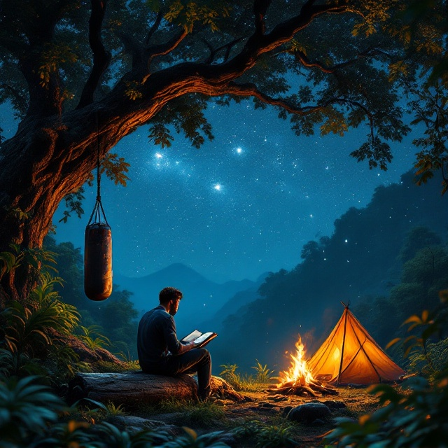 Beneath an expansive star-filled sky, the jungle scene evokes a serene, nighttime ambiance. The luminous silver starlight reflects subtly off the dense canopy of leaves, creating faint outlines of greenery. To the left, a punching bag sways gently from the branch of a massive, ancient tree, its surface textured with worn patches from endless hits. In the foreground center, the man on a wooden log is lit by the fiery orange glow of a crackling bonfire, his profile contemplatively gazing at a worn book in his hands. To the far right, a small, compact tent catches glimmers of light from the blaze, its golden hue breaking the predominantly cool tones of the cover. Shadows throughout the composition provide depth and mystery, symbolizing the struggles and resilience captured in the story.