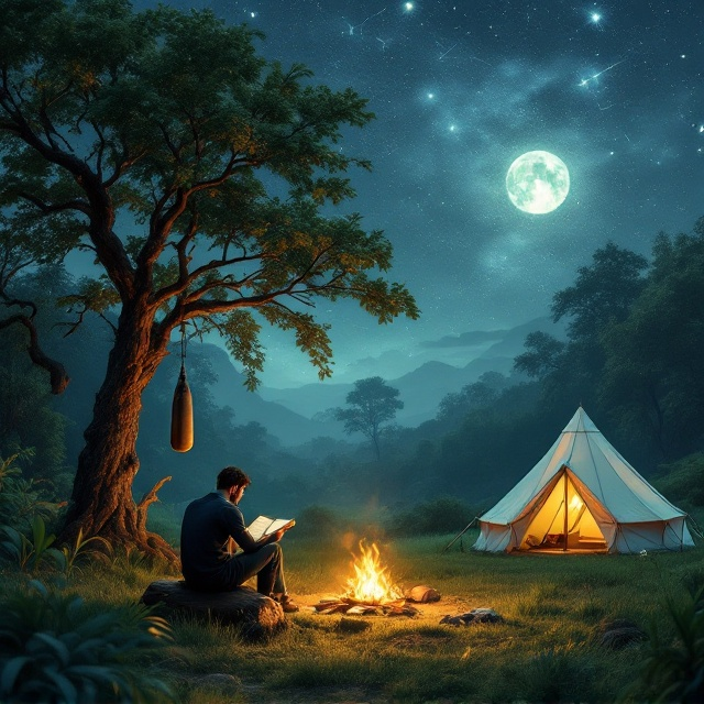 A picturesque jungle clearing spreads across the cover, its lush green tones blending seamlessly into the shimmering night sky above. The constellations glimmer gently, giving a sense of quiet wonder. On the left side, a sturdy tree stands, with a punching bag hanging from its branch, illuminated faintly by the silver moonlight. Moving to the center, the man sits quietly on a log, utterly engrossed in his book. A soft bonfire beside him sends up tendrils of smoke, casting a warm, pale golden glow. On the right, the tent, with its rounded silhouette, glows softly from within, reinforcing a tranquil yet resolute scene.