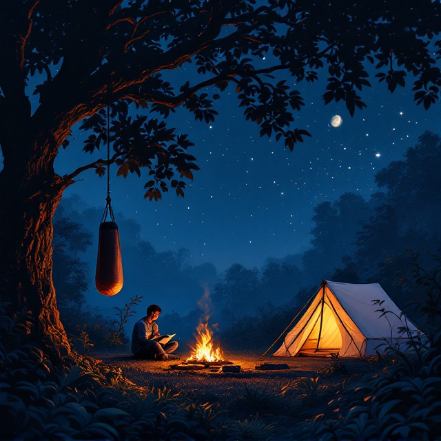 Under a deep indigo night sky sprinkled with stars, the jungle dominates the background with layered textures of dense, shadowy foliage. To the left, a punching bag is faintly illuminated, swinging gently from a thick tree branch. In the center, near a glowing bonfire, the man is sitting cross-legged, his face softly illuminated as he reads a book. To the right, a muted-toned minimalist tent is subtly nestled among shrubs, almost camouflaged with the forest. Warm hues from the fire contrast the cool tones of the night backdrop.