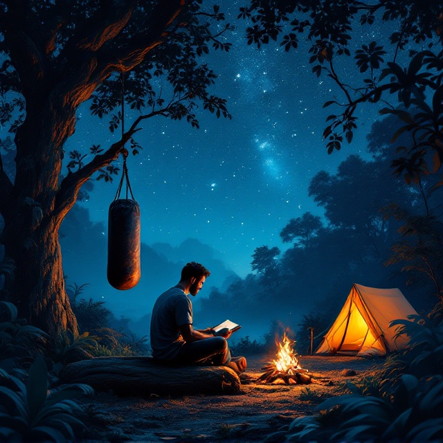 Under a deep indigo-starry sky filled with shimmering constellations, the jungle stretches across the cover with dense, shadowy foliage. On the left-hand side, a serene but worn punching bag is seen hanging from a thick tree branch, slightly swaying. The central focus is the man seated on a rugged log, cross-legged, leaning toward the warm glow of a small bonfire that illuminates the book in his hands. To the right, a subtle outline of a modest camping tent blends into the textured jungle backdrop. The campfire casts gentle shadows both on the man's face and onto the jungle floor, adding a sense of warmth, depth, and purpose.