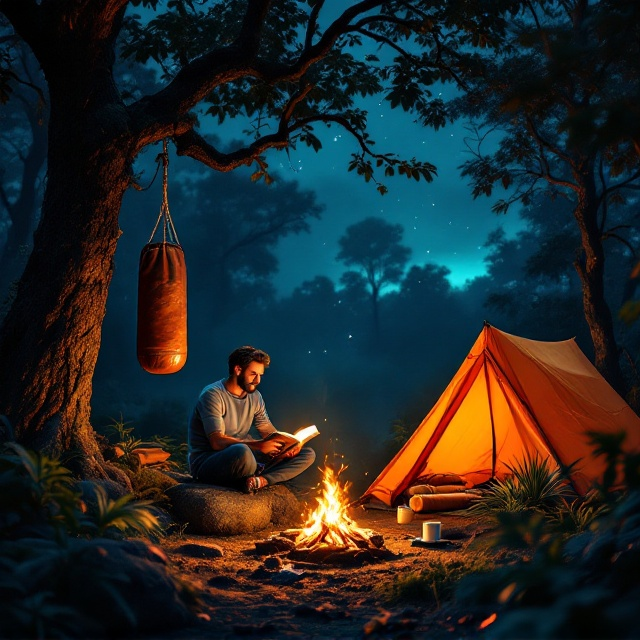 Under a deep, star-speckled night sky transitioning smoothly from indigo to black, the jungle is depicted with intricate details of trees and faintly illuminated foliage. To the left side of the cover, a weathered punching bag hangs from the sturdy branch of a tree, slightly tilting with subtle shadows. At the center, highlighted in warm tones, a man sits cross-legged on a moss-covered rock with a faint glow emanating from the pages of an open book in his hands. A crackling bonfire emits a golden radiance, casting flickering light onto his figure while a steaming cup of tea sits placed slightly in the foreground. To the right, a vibrant orange tent is positioned with its entrance flap partially open, offering a glimpse of a rolled-up sleeping bag and a metallic flashlight lying next to it. The darkness of the jungle recedes subtly into the background, letting the glowing elements emerge as focal points.
