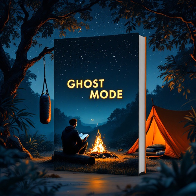 The cover portrays an expansive night sky dominated by shades of deep indigo that fade into black, punctuated with countless stars. On the left of the frame, a weathered punching bag hangs from a sturdy tree branch, slightly swaying as though recently used. At the center, a crackling bonfire casts warm light, illuminating the shadowed contours of a man sitting on a log. His posture is calm yet focused, with a faintly glowing book in his hands, suggesting a sense of enlightenment or discovery. To the right, a vibrant orange tent adds a pop of color, with its entrance flap artfully open to detail a sleeping bag and flashlight tucked within. The foliage of the jungle and subtle silhouettes of branches create depth, further immersing the viewer.