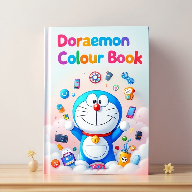 A bright, cartoon-styled cover featuring Doraemon at the center, depicted in his iconic light blue color. Surrounding him are vibrant illustrations of various gadgets spilling out from his famous four-dimensional pocket, creating a whimsical scene. The background is a gradient of soft, pastel-colored clouds (white, pink, and light yellow), evoking a sense of fun and magic.