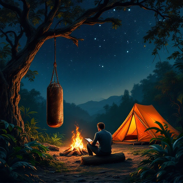 Under a vast, star-speckled night sky blending seamlessly from indigo to black, the lush jungle forms a textured frame along the edges, its deep greens muted by the shadows of the night. In the foreground, a weathered punching bag hangs slightly to the left from a robust tree branch, its leather surface illuminated faintly by the golden light of a crackling bonfire in the center. A man sits on a nearby log positioned at the composition's heart, his posture reflective and calm as he holds a faintly glowing book in his hands. To the right, a vivid orange tent stands firm, with its entrance slightly ajar, revealing a subtle warm glow from within. Jungle foliage spills into the lower corners, providing depth and framing the narrative elements.