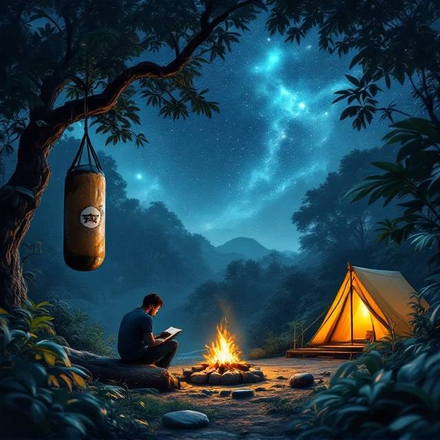 Beneath an expanse of deep indigo sky filled with swirling constellations and ethereal wisps of nebulae, a dense jungle takes shape with layered dark green foliage. The left features a punching bag with a faint, peeling logo, its edges highlighted against the leaves, hanging from a robust tree branch. Central to the imagery, a glowing bonfire casts a warm, golden light on a man seated on a rugged log, his face shadowed but illuminated by the book he reads. On the right, a neat yellow tent with an angular porch peeks through, framed by a ring of carefully placed river stones adding an air of deliberate order. Text in bold, clean typography floats at the center top of the cover, allowing the visual scene to dominate.