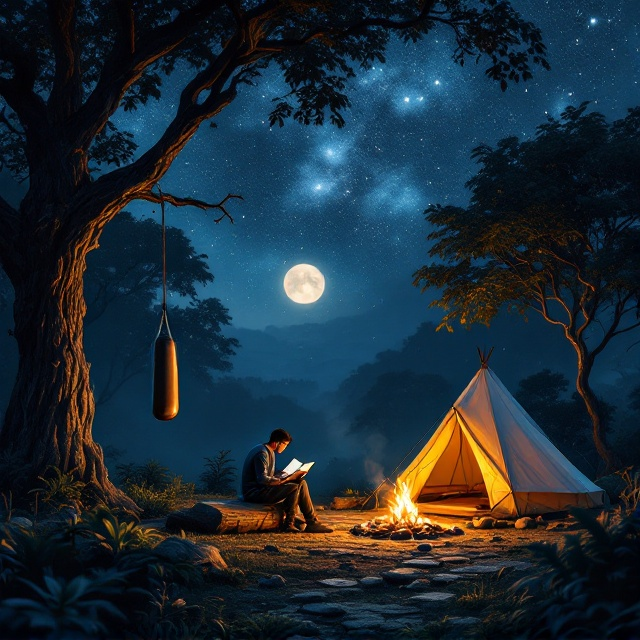 Beneath a sprawling cosmic tapestry of vivid stars, the jungle scene is bathed in the subtle glow of moonlight with shadowy nuances. On the left side of the cover, a punching bag gently sways, hanging from a thick, gnarled tree branch. Its silhouette, crisp and deliberate, contrasts against the dim night sky. At the center, seated on a roughly-textured log in earthy tones, a man reads with deep focus, his book pages illuminated by the warm, golden flicker of a bonfire whose flames dance vividly. To the right, a compact tent with neat folds stands alone, its porch bordered by meticulously arranged small stones that shine faintly under the celestial lighting, suggesting a harmonious interplay between order and the wilderness.