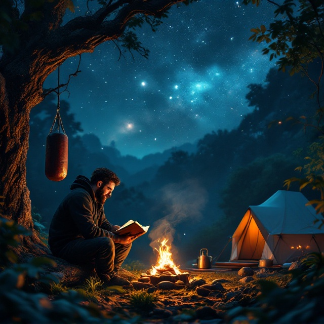 Beneath a breathtaking night sky illuminated with shimmering stars and faint cosmic swirls, a dense jungle appears to pulse with life. The left side features a subtly lit punching bag gently moving, attached to a robust tree branch. In the center, a rugged man sits on a textured log, cloaked in a dark hoodie. His face is half-lit by the warm flicker of a small bonfire, while the open book in his hands glows faintly. The firelight dances on a tin kettle, emanating soft curls of steam. To the right side, a modern, cozy tent with a small lit porch area is surrounded by carefully placed stones, suggesting a sense of calm amidst the wild. The jungle foliage gently frames the edges of the scene, creating a surreal balance between nature and a mystical ambiance.