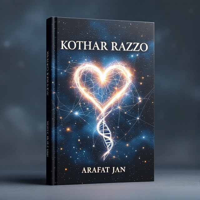 A starry night sky serves as the background, with wisps of cloud-like textures blending into abstract depictions of DNA strands that hint at scientific elements. Silvery lines trail from stars, creating a whimsical fantasy-like network that connects space to earth. In the center, an ethereal heart symbol glows softly, evoking emotion and the light of the heart.