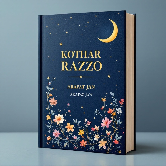 A serene and captivating cover featuring a navy blue background with a crescent moon in the top right corner, accompanied by twinkling stars scattered across the sky. The bottom half is adorned with delicate, colorful flowers intertwined with elegant stems and leaves, adding a touch of nature and harmony to the scene.
