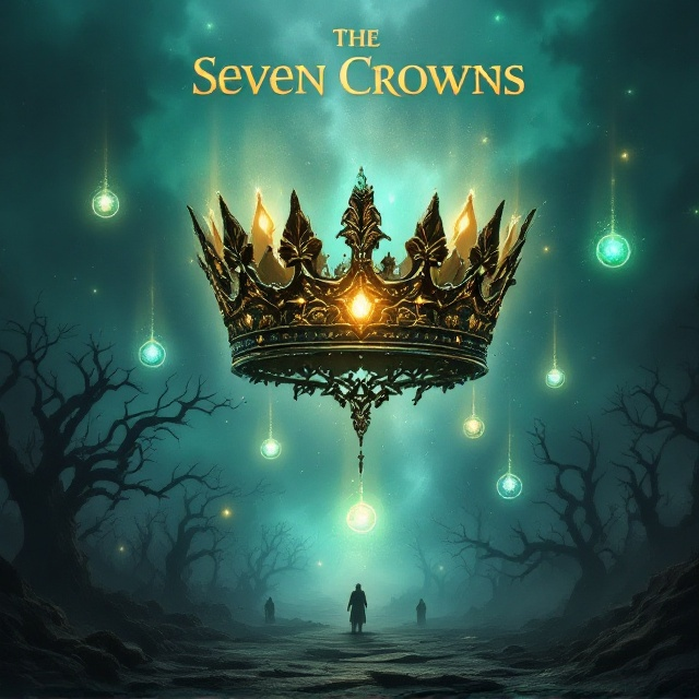 A dark, ethereal sky with shades of indigo, emerald green, and deep gold serves as the backdrop. In the center, a shattered crown with intricate carvings floats, radiating eerie light. Around the crown, seven glowing orbs in a circle represent the "seven crowns," each with a different luminescent color. The lower portion of the cover fades into a sinister, misty landscape dotted with twisted trees and shadowy figures barely visible in the haze. The overall scene should feel both magical and foreboding.